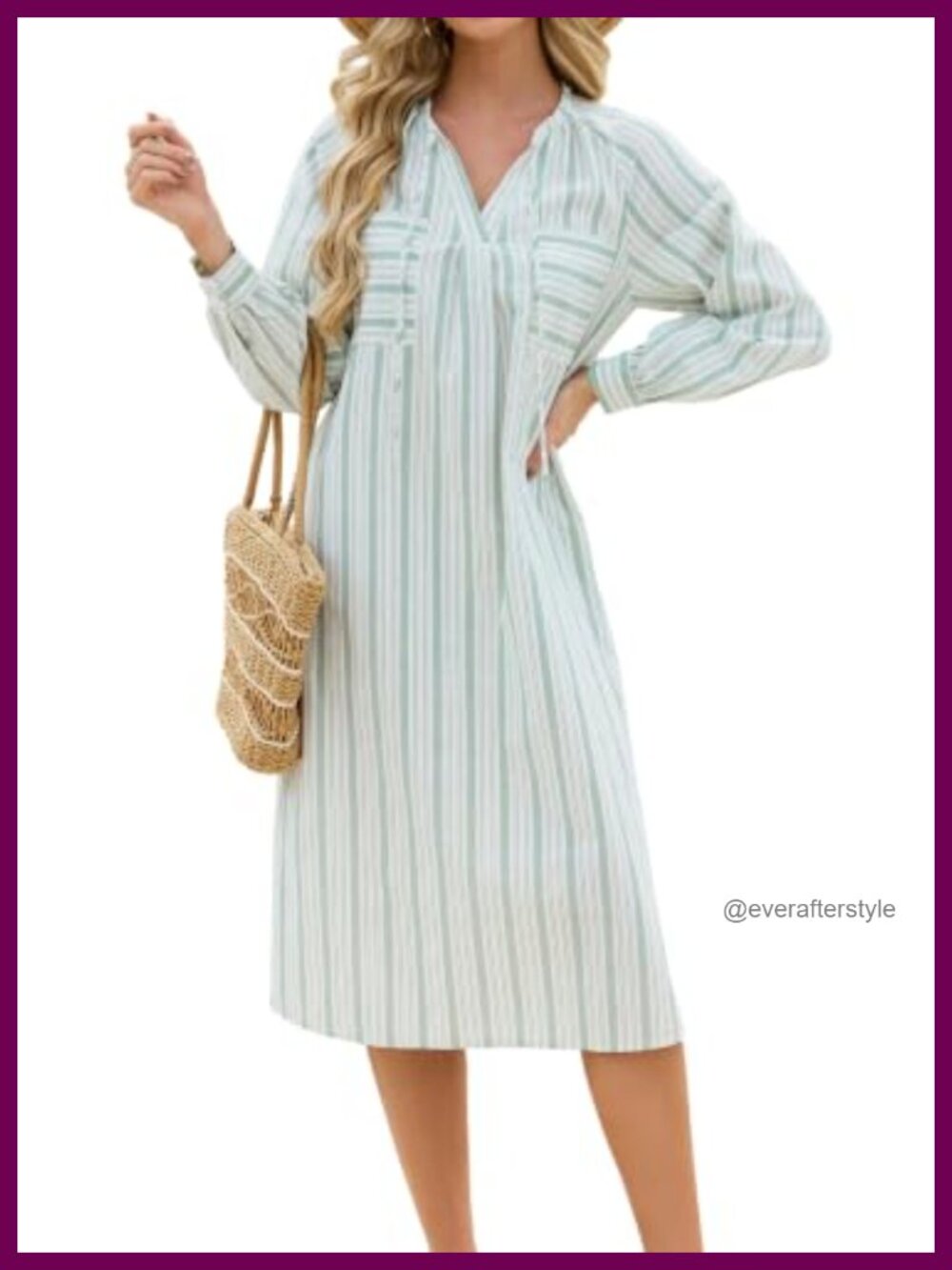 Women's Striped Midi Dress V Neck Long Sleeve Casual Shift Dress